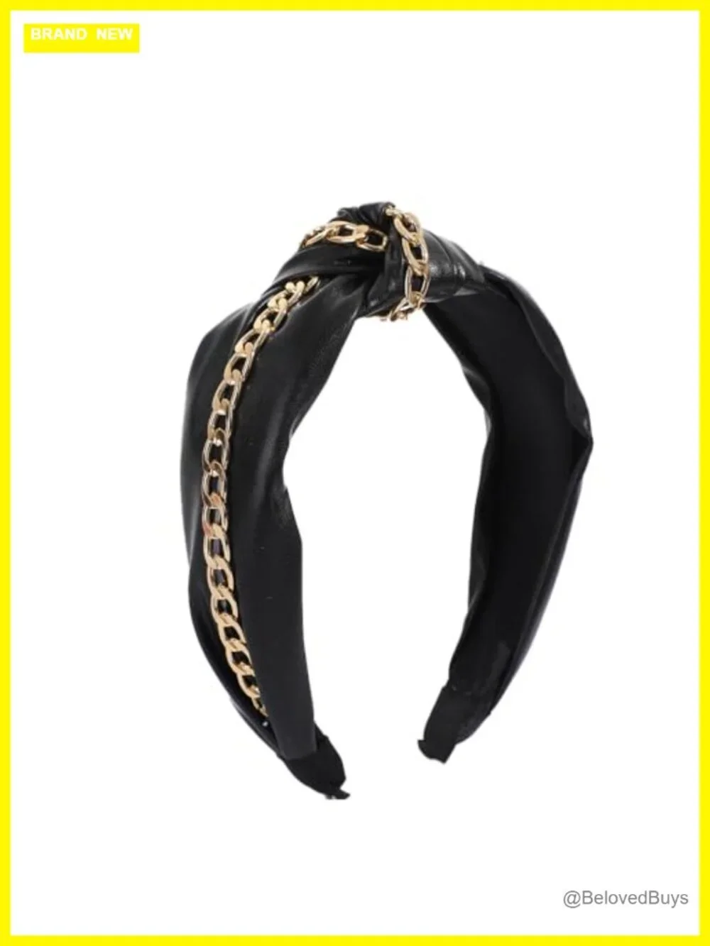 Punk Knotted Headband with Gold Chain Black PU Leather Hair Hoop